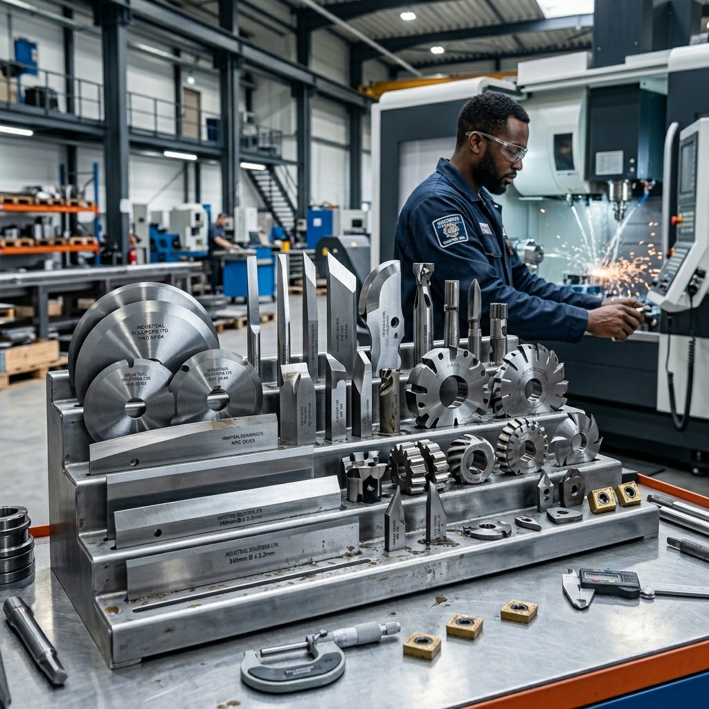 DC Trading Solutions cutting tools display in a precision machining workshop