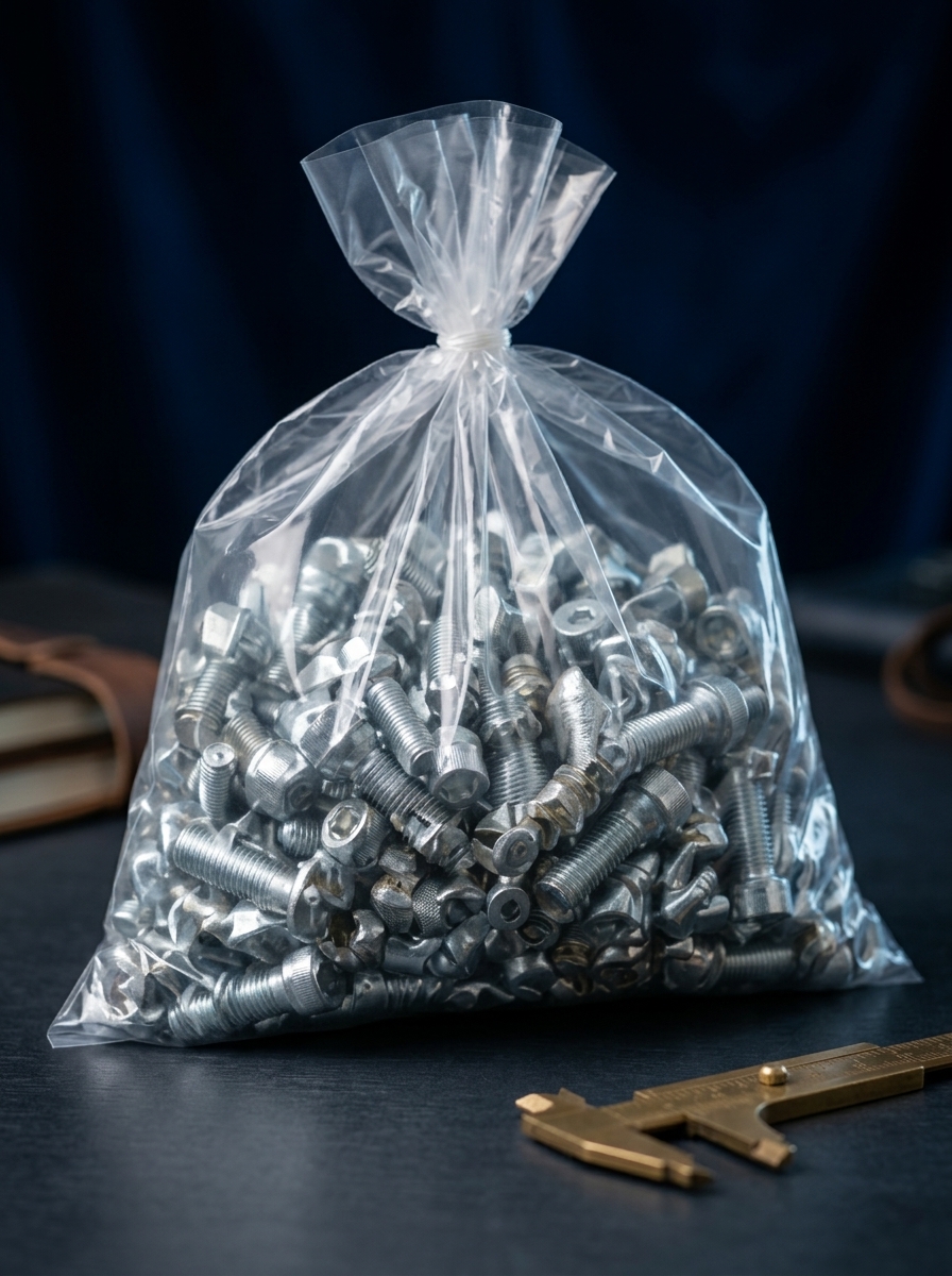 Heavy-duty clear poly bag filled with industrial fasteners
